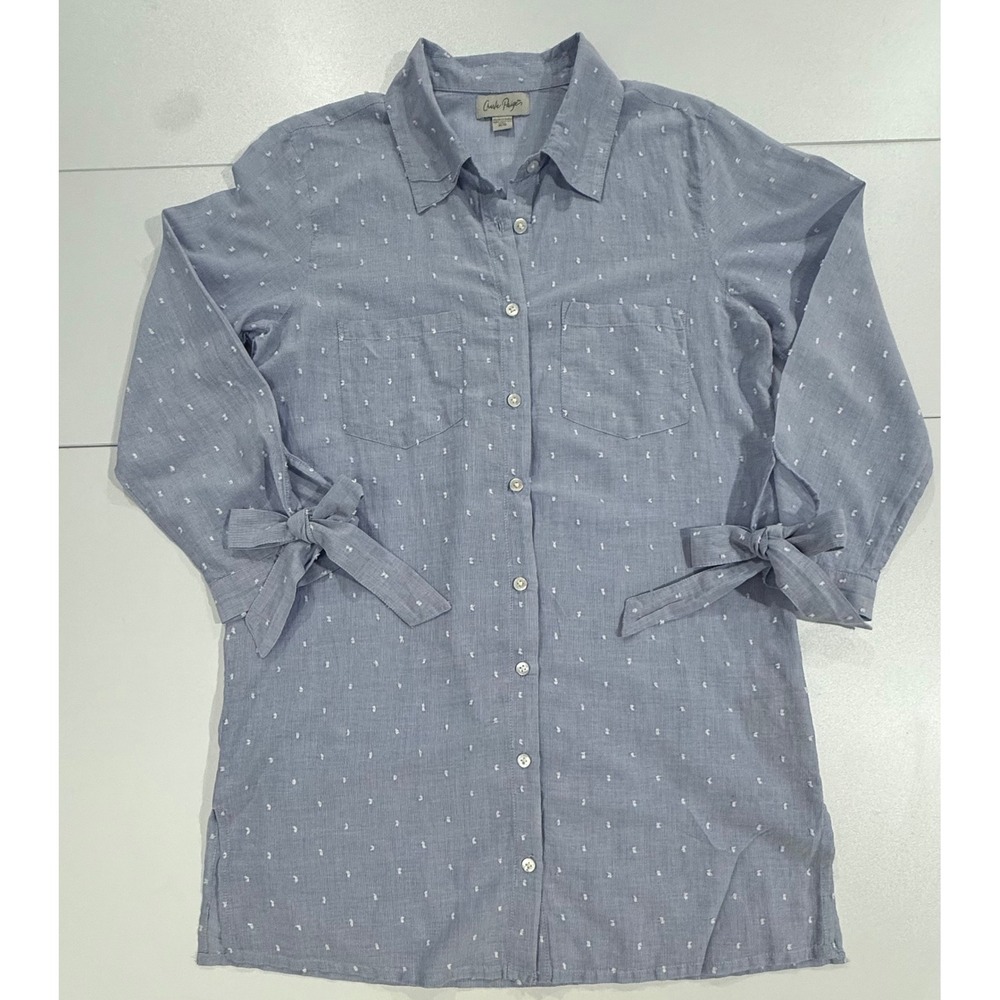 Charlie Paige Womens Blue Button Down Shirt Top 3/4 Tie Sleeve Dot Print M 253
